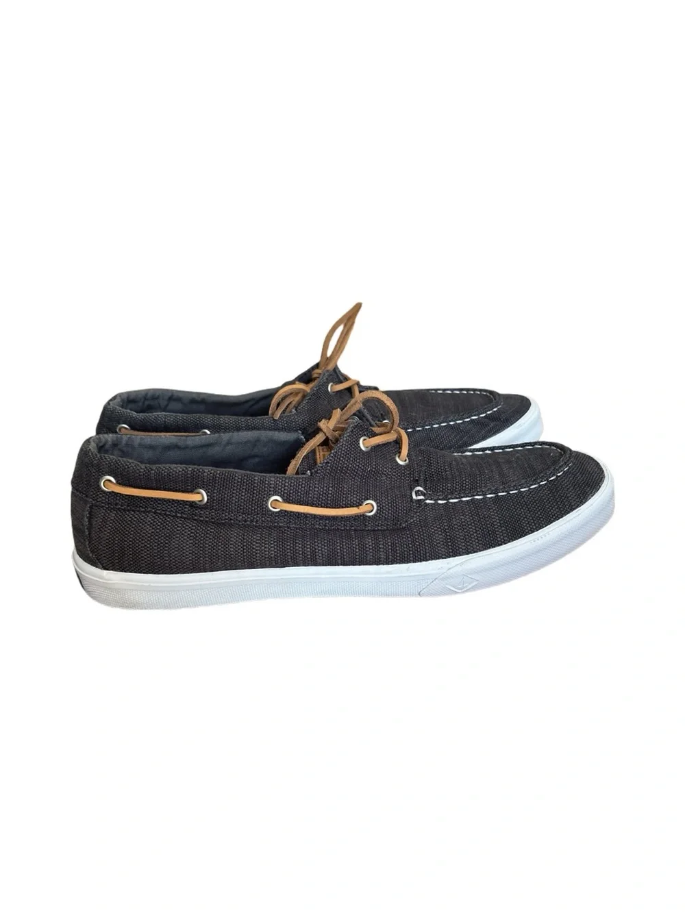 Sperry Men’s Topsider Canvas Boat Shoes Black Wash Brown Leather Laces Size 12
